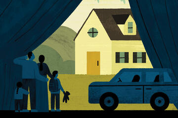a family pulls aside a curtain to see a brightly colored home
